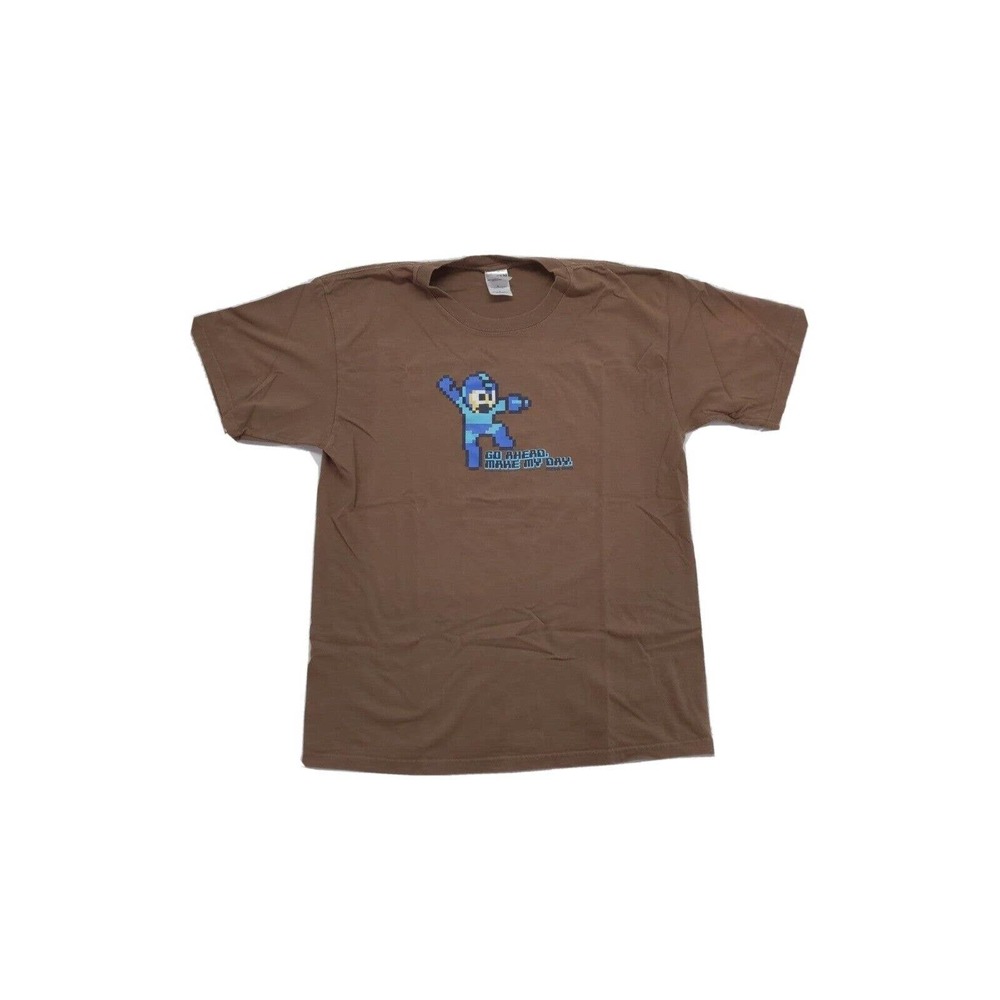Men's Mega Man Retro 8 Bit Pixel "Go Ahead Make My Day" T-Shirt Brown Large